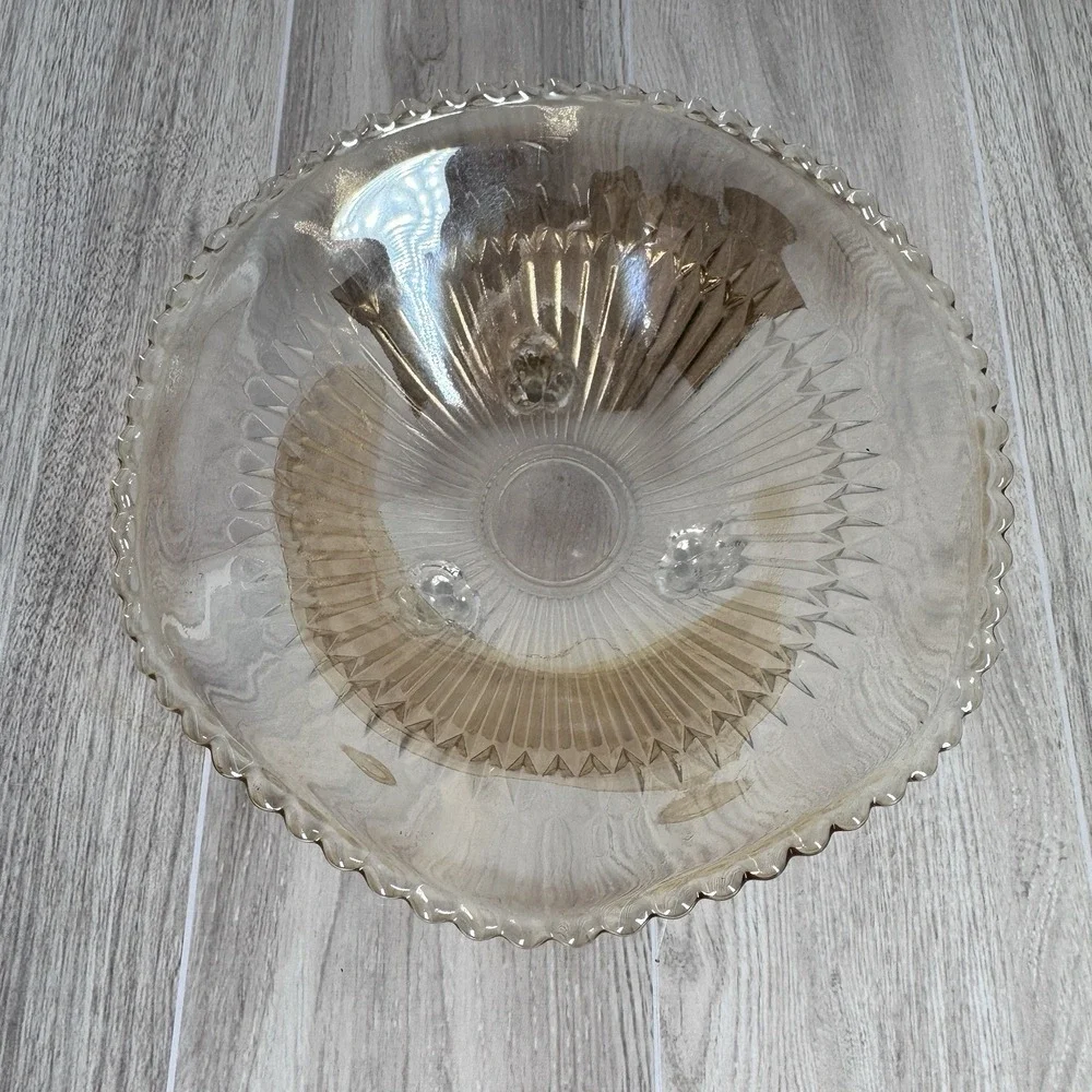 Vintage Amber Diamond Pattern Glass Footed Bowl Scalloped Rim Console‎ Dish